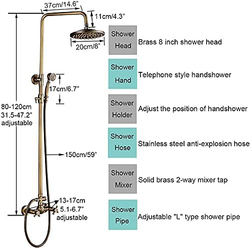 Huin Antique Brass Shower Faucet Set with Rainfall Head and Handheld