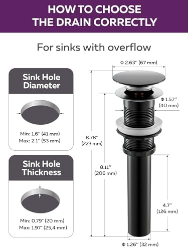 Matte Black Sink Drain No Overflow Universal 16-19 Inch