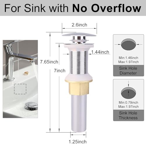 Vessel Sink Drain Stopper No Overflow Rustproof Pop-Up Design Anti-Clog Drain
