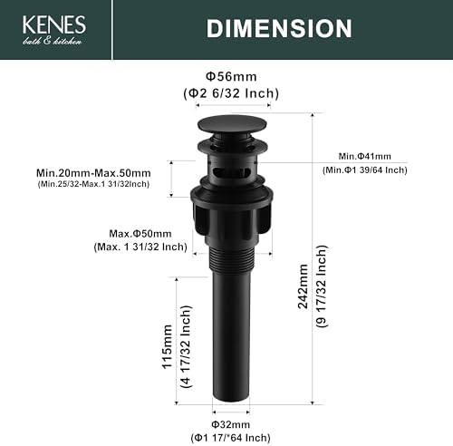 Kenes Pop-Up Sink Drain Matte Black Easy Installation Durable Design