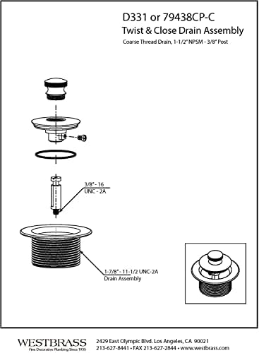 Westbrass1-12 in NPSM Twist Close bathtub drain plug Polished Chrome