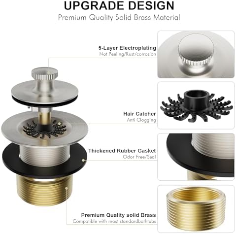 Essential Brushed Nickel bathtub drain stopper with hair catcher for easy draining
