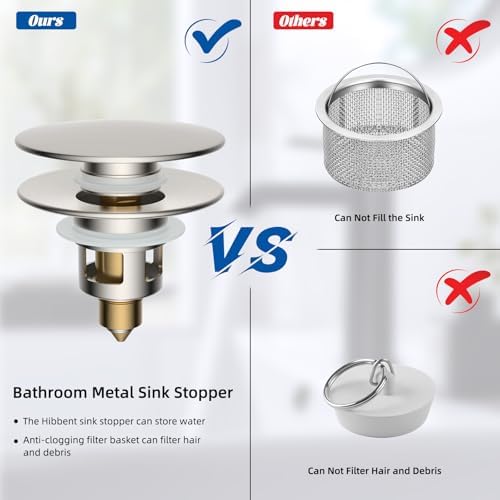 Hibbent All Metal Bathroom Sink Stopper 2-in-1 Design