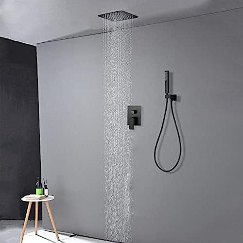 black ceiling-mounted rainshower system with handheld mixing tap for bathroom