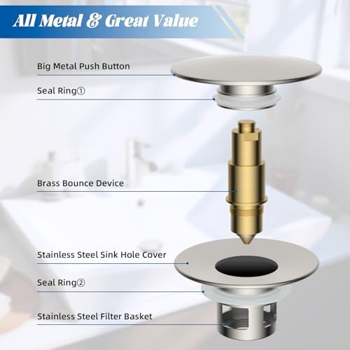 Hibbent All Metal Bathroom Sink Stopper 2-in-1 Design