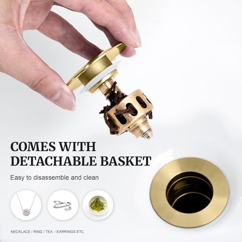 Pop Up Sink Drain Stopper with Overflow Brushed Gold