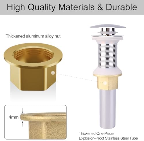 Vessel Sink Drain Stopper No Overflow Rustproof Pop-Up Design Anti-Clog Drain