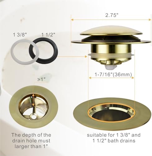 WELLUP Brushed Gold bathtub drain stopper replacement for lift turn tubs