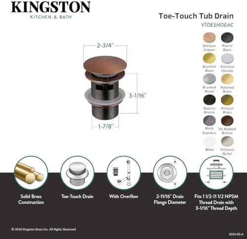 Durable Professional Aesthetic 12 Toe-Touch bathtub drain with Polished Chrome finish