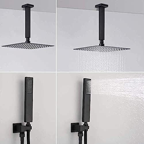 black ceiling-mounted rainshower system with handheld mixing tap for bathroom