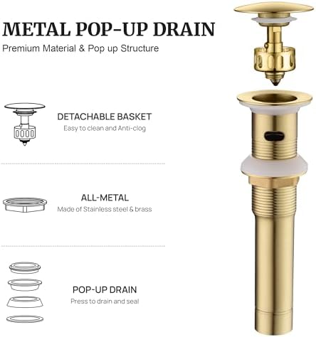 Pop Up Sink Drain Stopper with Overflow Brushed Gold