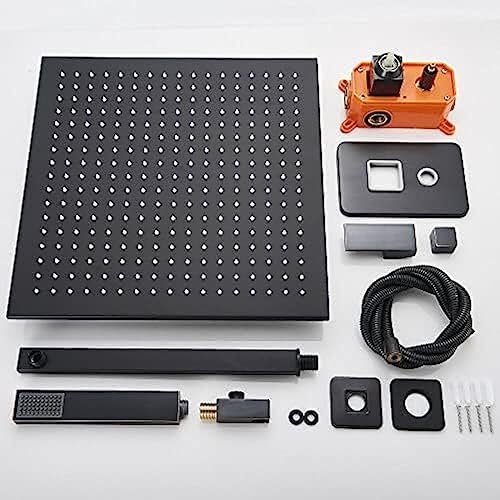 black ceiling-mounted rainshower system with handheld mixing tap for bathroom