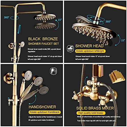 Huin Antique Brass Shower Faucet Set with Rainfall Head and Handheld
