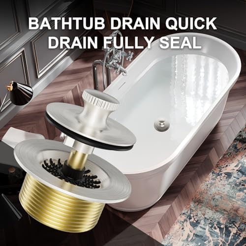 Essential Brushed Nickel bathtub drain stopper with hair catcher for easy draining
