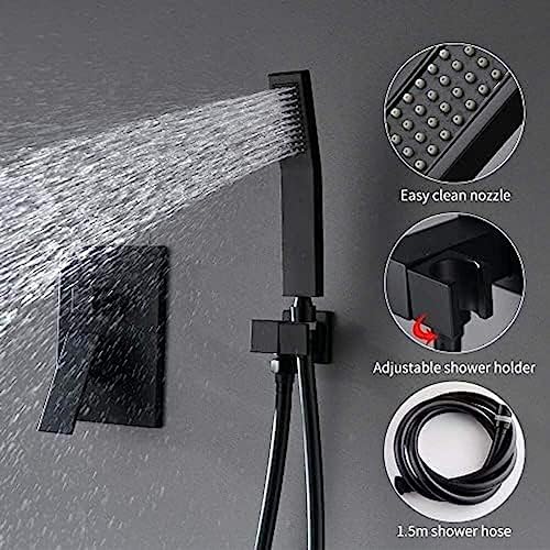 black ceiling-mounted rainshower system with handheld mixing tap for bathroom