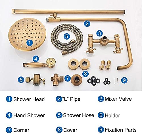 Huin Antique Brass Shower Faucet Set with Rainfall Head and Handheld