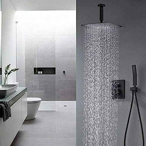 black ceiling-mounted rainshower system with handheld mixing tap for bathroom
