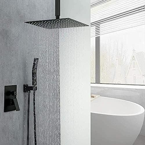 black ceiling-mounted rainshower system with handheld mixing tap for bathroom