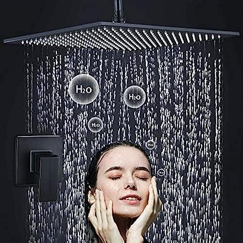 black ceiling-mounted rainshower system with handheld mixing tap for bathroom