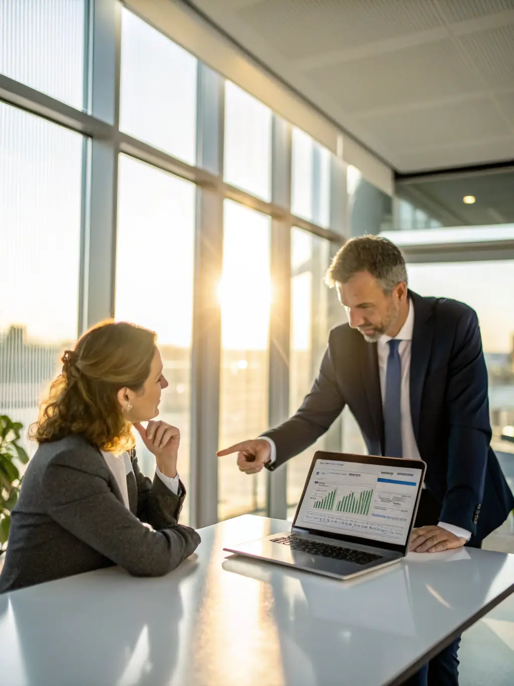 A professional IT consultant is providing strategic advice to a business client in a modern office setting, emphasizing CORALWING's expertise in IT consulting services.