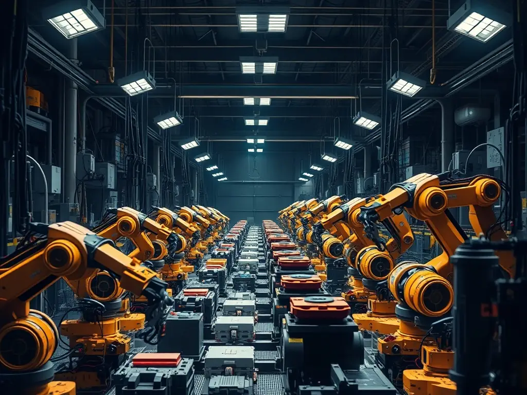 A manufacturing plant with automated machinery and robotic arms, representing the manufacturing industry.