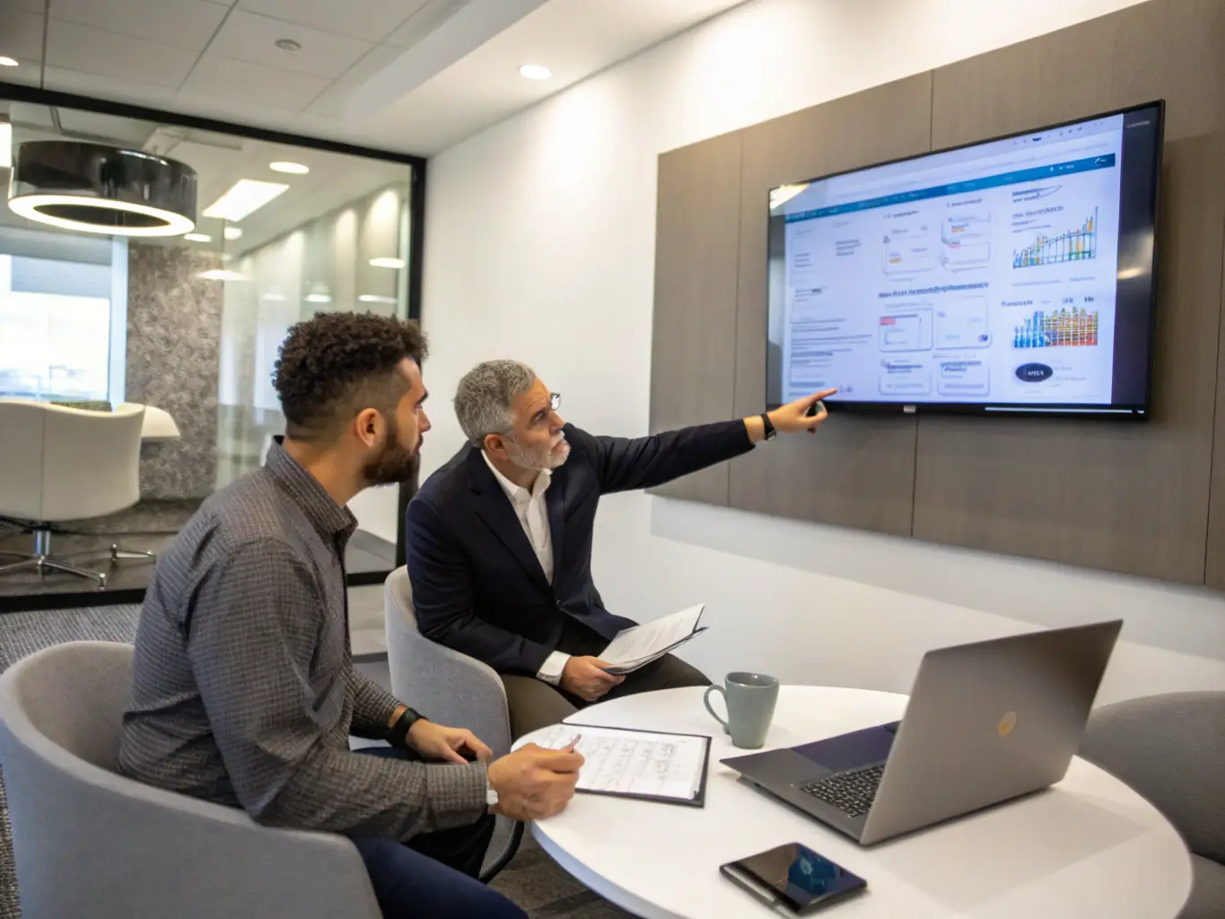 A consultant is advising a business owner on IT strategy in a modern office setting, emphasizing collaboration and forward-thinking solutions.